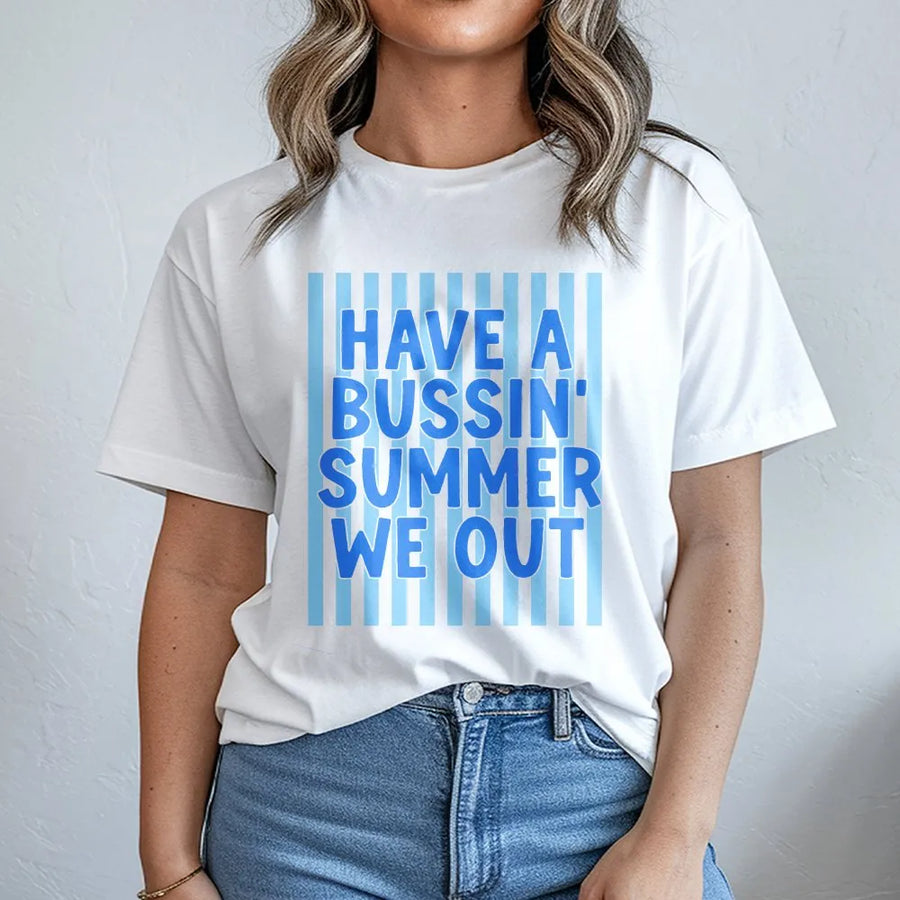 Bussin Summer T-Shirt | Funny Gen Z Slang We Out Quote Pullover | Premium Cotton-Blend | Last Day of School Gift for Teens