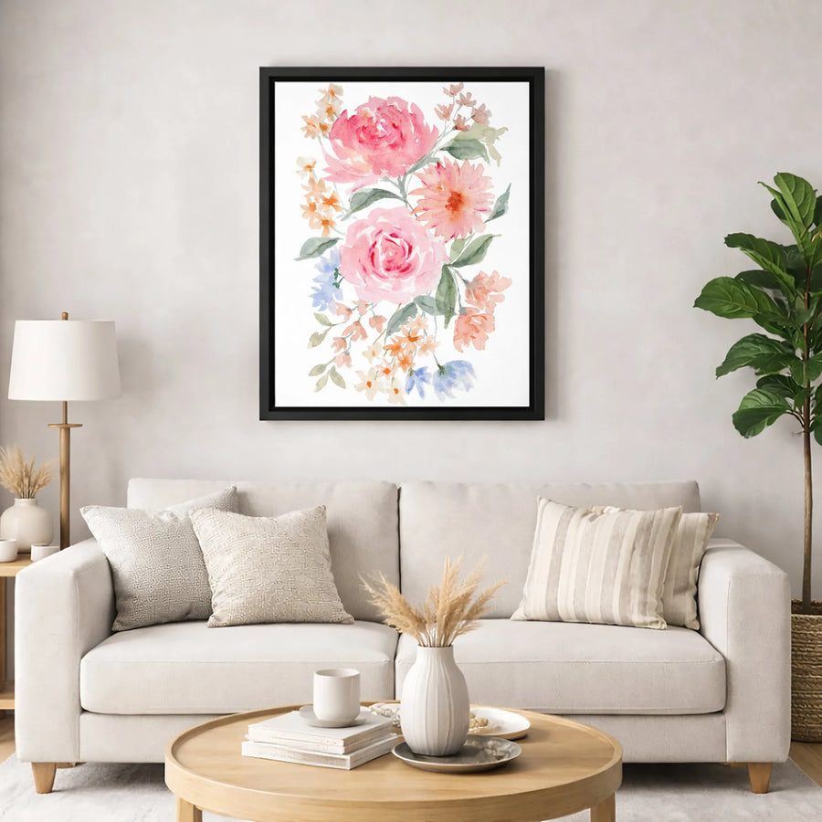 Watercolor Floral Bouquet Canvas Art | Pink Rose and Botanical Print | Premium Fade-Resistant Wall Decor | Elegant Home and Office Gift