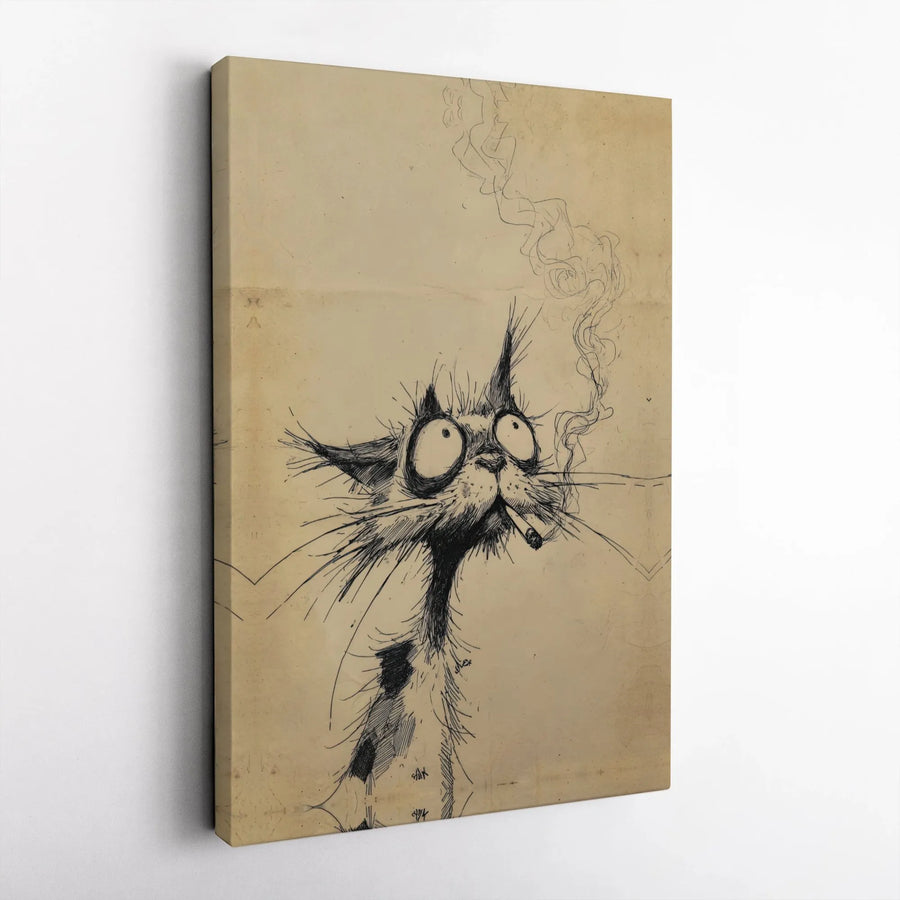 Scruffy Smoking Cat Canvas Wall Art | Whimsical Sketch Portrait | Gallery Wrapped Premium Decor | Funny Cat Lover Gift For Home Office