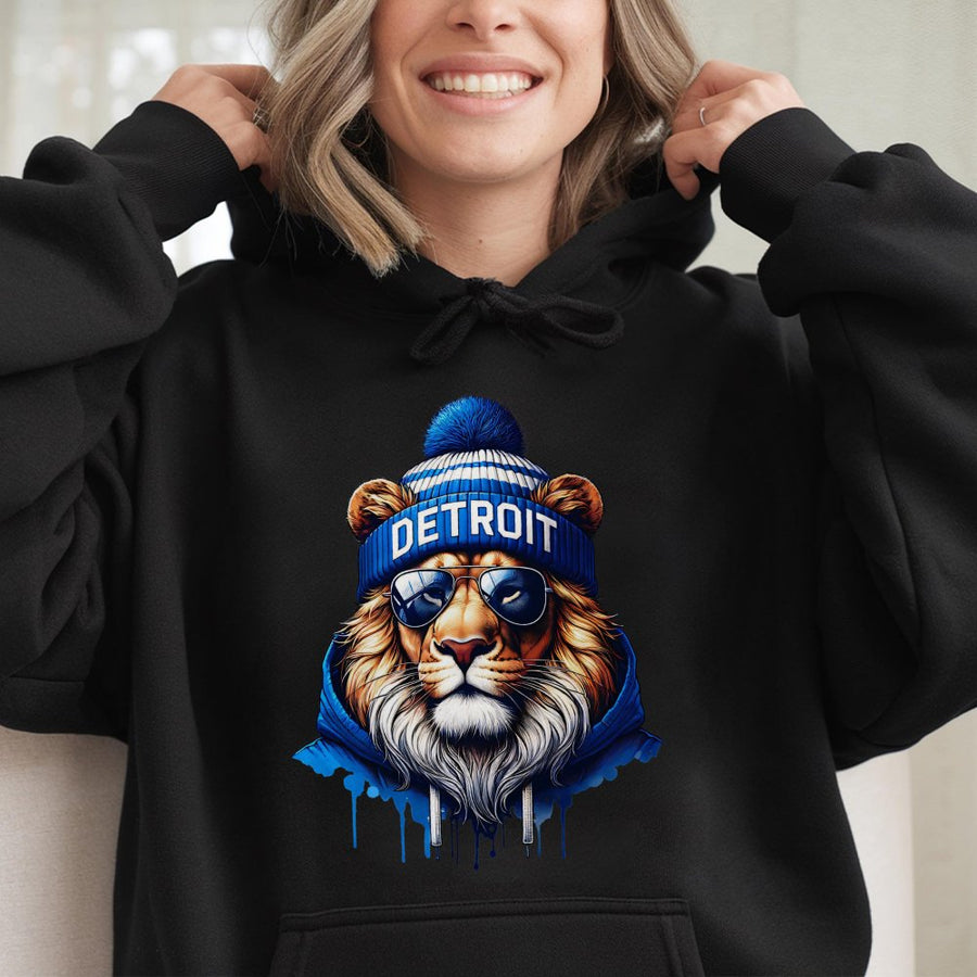 Detroit Lion Wearing Beanie And Sunglasses Hoodie