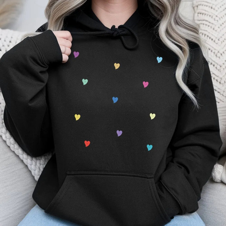 Colorful Hearts Hoodie | Minimalist Aesthetic Heart Pattern | Premium Cotton Blend Sweatshirt | Cute Valentines Day Gift for Her