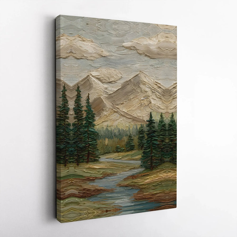 Textured Mountain Landscape Vertical Canvas | 3D-Effect Impasto Oil Paint Style Forest & River Scene | Premium 1.25" Gallery Wrap Print | Scenic Nature Wall Art Gift for Living Room Decor