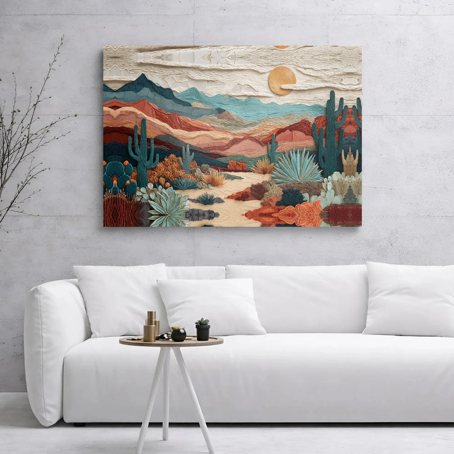 Southwest Desert Landscape Canvas | Abstract Cacti & Mountain Wall Art | Premium Gallery Wrap | Modern Home Decor Gift