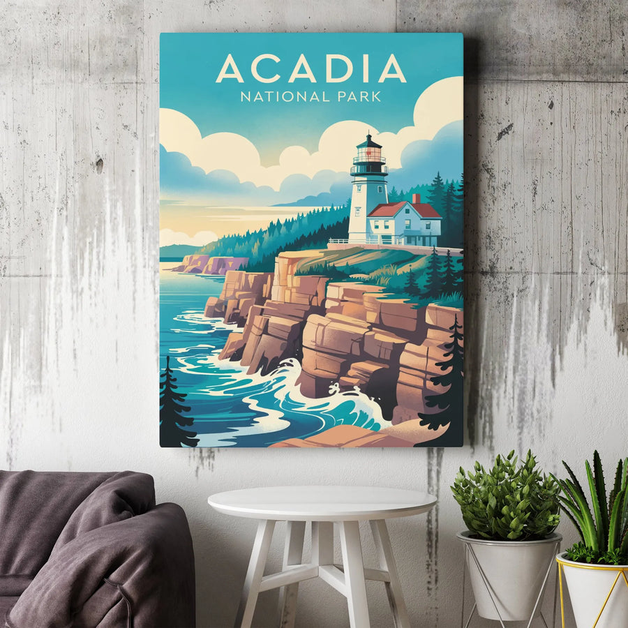 Acadia National Park Vertical Canvas | Retro Lighthouse Travel Poster Print | Premium Thick Gallery Wrapped Wall Art | Collector's Gift for Nature Lover
