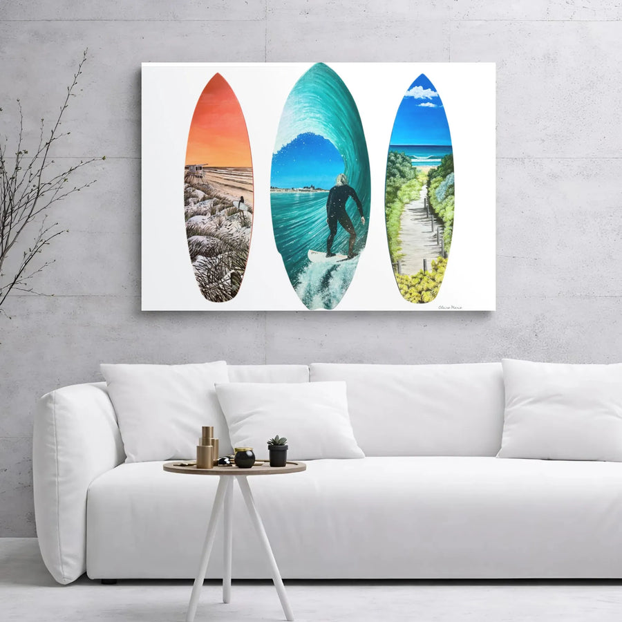 Surfboard Wall Art Canvas | Tropical Beach Scene Triptych | Premium 1.25-inch Gallery Wrap | Coastal Decor Gift for Surfers