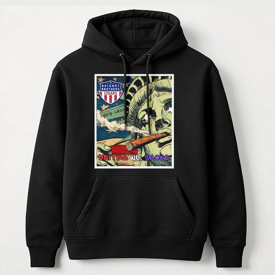 Lady Liberty Smoking Cigar Hoodie | United We Smoke Graphic Art | Premium Cotton-Blend Pullover | Gift for Cigar Lover