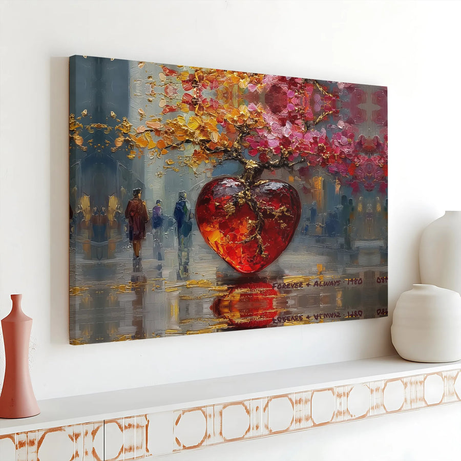 Abstract Love Heart Tree Canvas Wall Art | Romantic Cityscape Oil Painting Print | Gallery Wrapped 1.25" Frame | Unique Anniversary Gift For Couple
