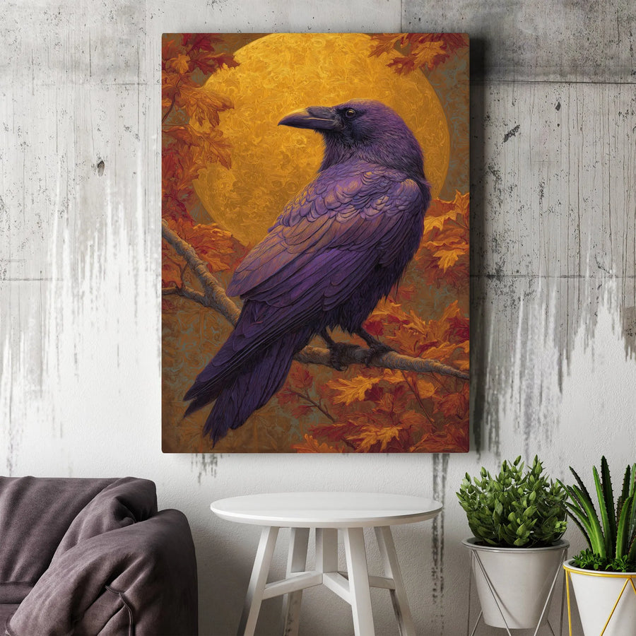 Gothic Raven Vertical Canvas | Autumn Harvest Moon Illustration | Premium Gallery Wrap | Mystical Wall Art Gift for Gothic Home Decor