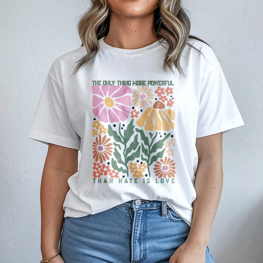 Retro Floral T-Shirt | Kindness Quote Love Over Hate Graphic | Cozy Cotton Blend Pullover | Hippie Aesthetic Gift for Women