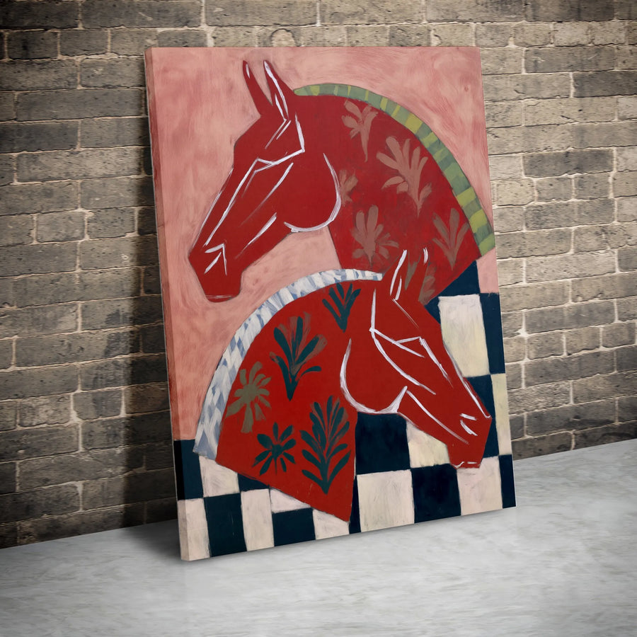 Abstract Horse Canvas Wall Art | Modern Red Equestrian Painting Print | Premium Frameless Canvas | Unique Gift for Horse Lover and Farmhouse Decor