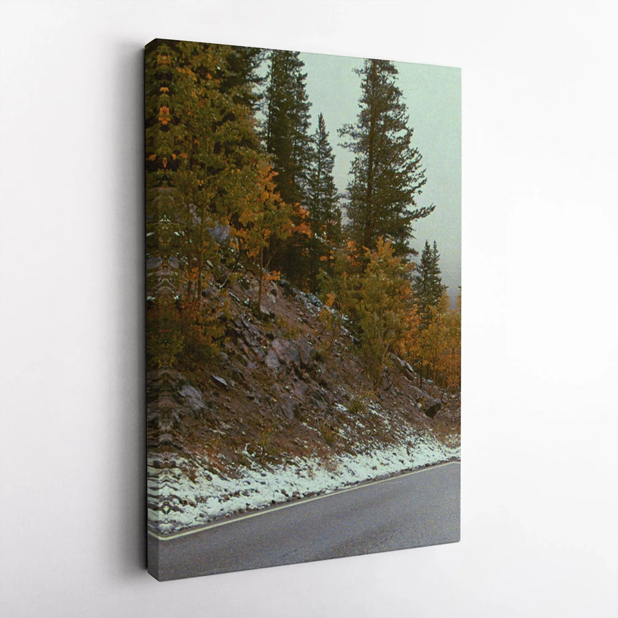 Autumn Mountain Road Canvas Print | Snowy Pine Tree Landscape | 1.25 Inch Gallery Wrap | Fall Nature Home Office Decor