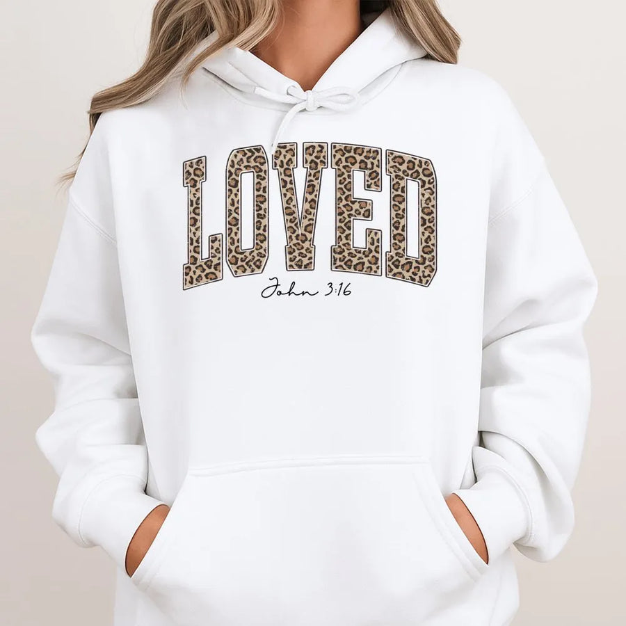 Loved John 3 16 Hoodie | Leopard Print Christian Aesthetic | Premium Cotton Blend | Faith Based Gift for Women and Teens