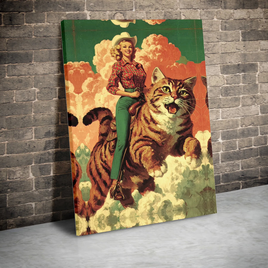 Cowgirl Riding Giant Cat Canvas Art | Vintage Pinup Western Wall Decor | Premium Fade-Resistant Print | Quirky Home Office Gift for Cat Lovers