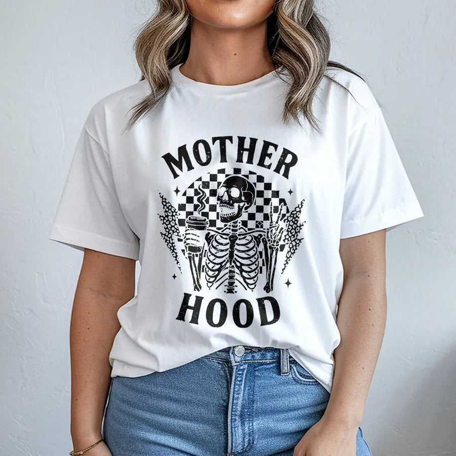 Motherhood Skeleton T-Shirt | Funny Coffee & Chaos Graphic | Premium Cotton-Blend Pullover | Edgy Mom Life Gift for Mother's Day