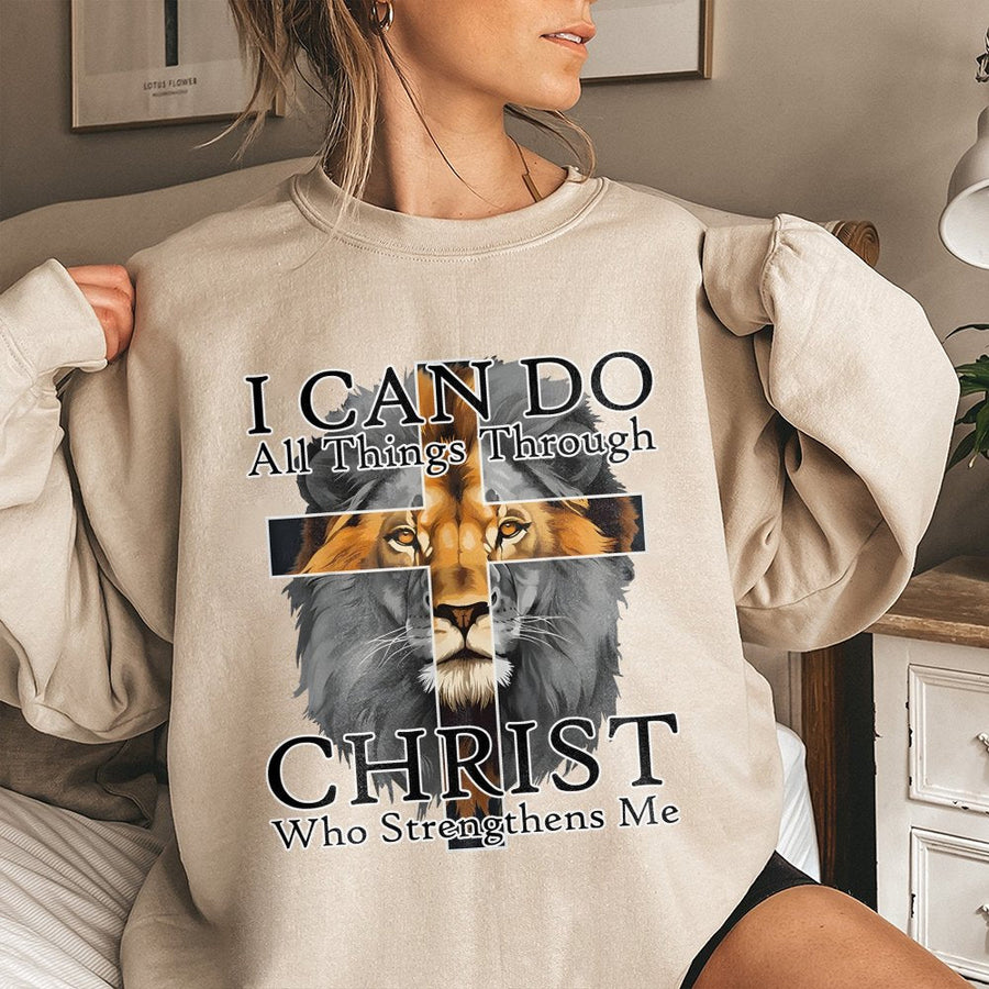 I Can Do All Things Through Christ Sweatshirt | Lion Cross Religious Graphic | Premium Cotton Blend | Inspirational Christian Gift for Faith