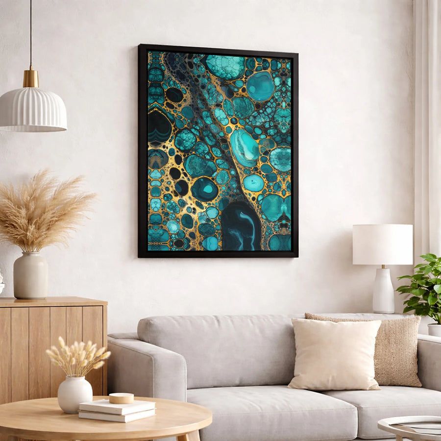 Abstract Turquoise and Gold Canvas Wall Art | Fluid Geode Marble Print | Premium 1.25 Inch Gallery Wrap | Modern Home Office Decor Gift