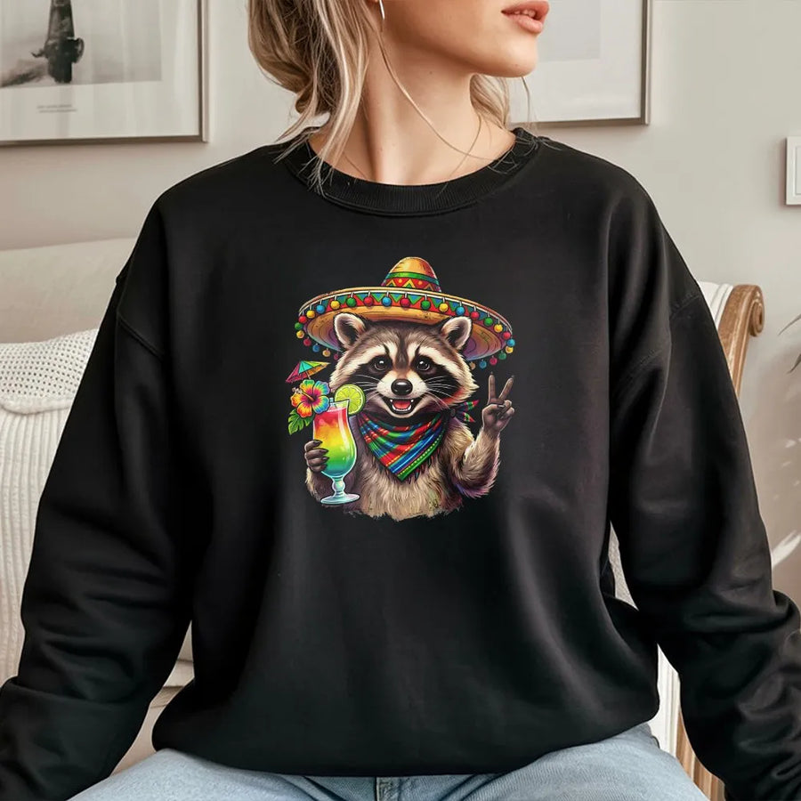 Funny Raccoon Cinco de Mayo Sweatshirt | Sombrero Raccoon Graphic Sweatshirt | Premium Cotton-Blend Pullover | Mexican Fiesta Party Gift for Men & Women