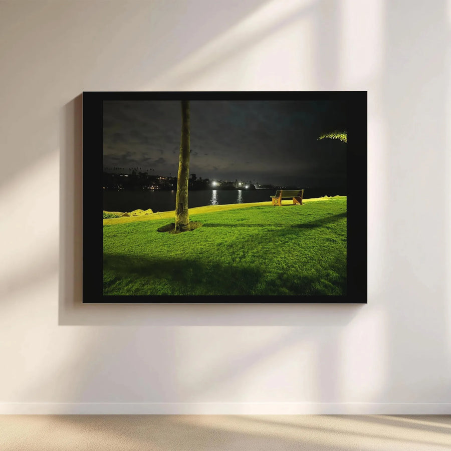 Nighttime Park Canvas Print | Glowing Palm Tree and Bench Landscape | Premium Gallery Wrap Wall Art | Peaceful Coastal Home Decor Gift