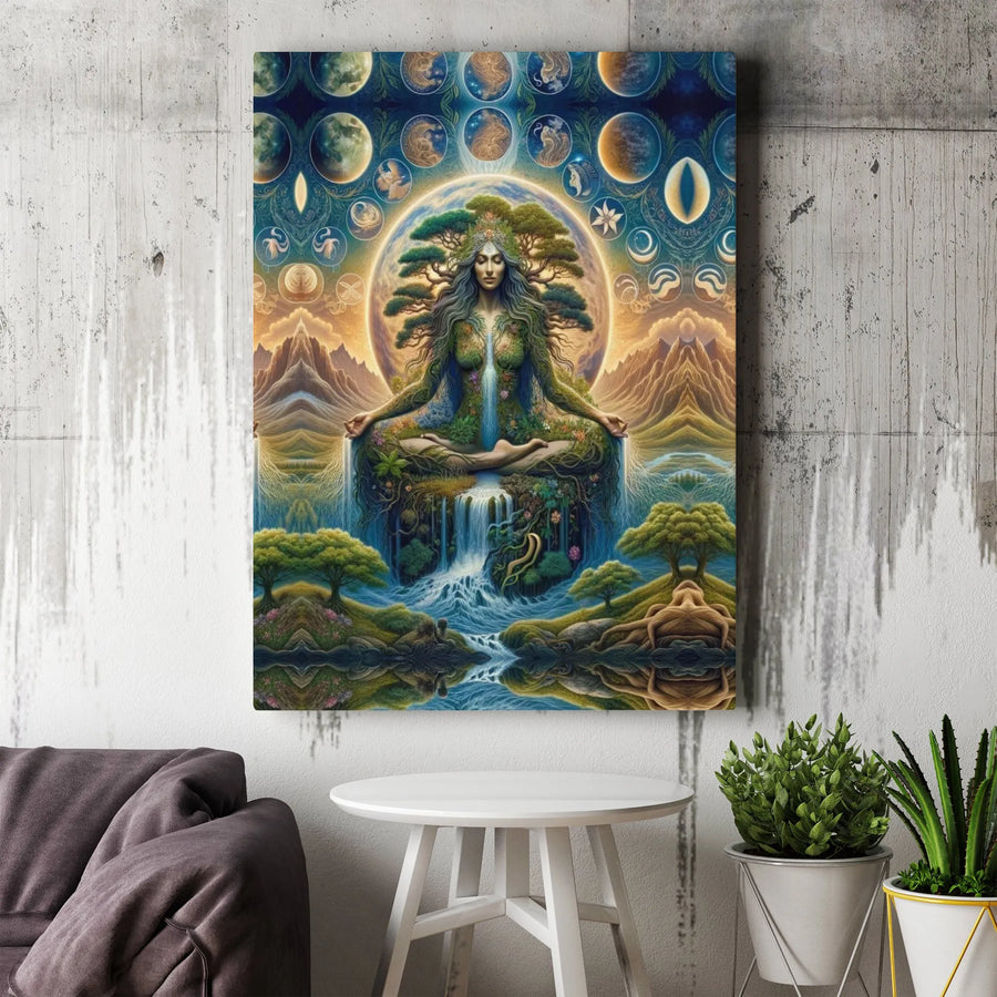 Mother Earth Canvas Wall Art | Cosmic Nature Goddess with Moon Phases | Premium Thick Gallery Wrap Canvas | Spiritual Gift for Yoga Studio & Zen Decor
