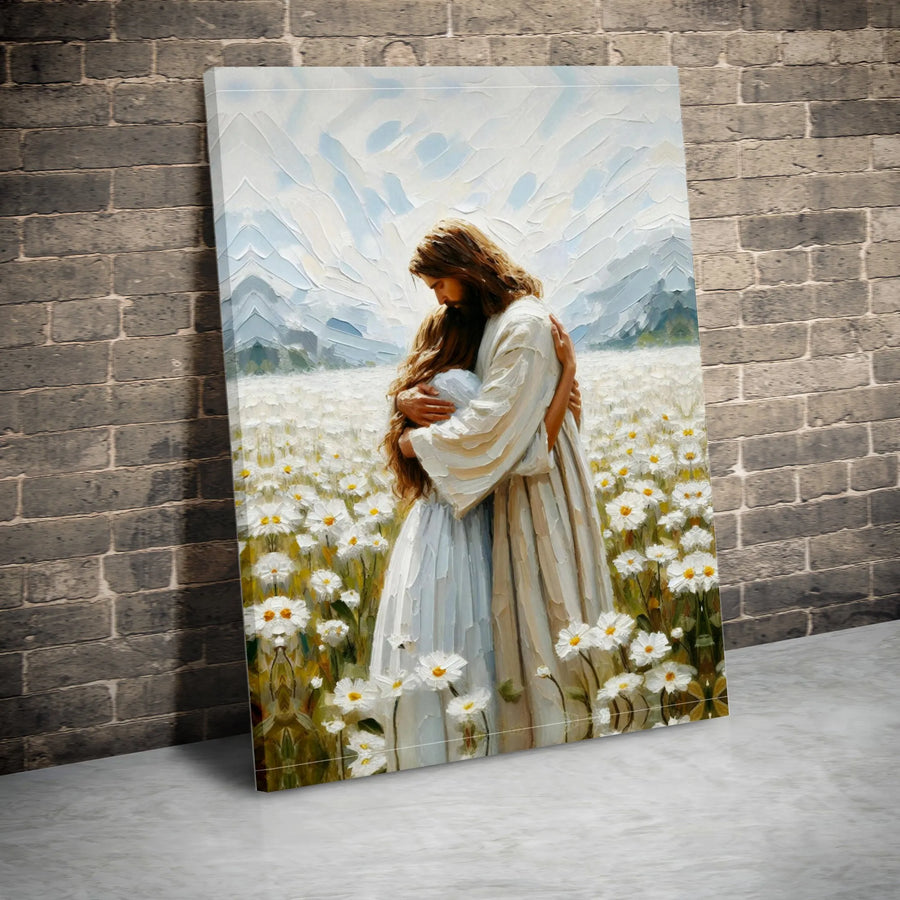 Jesus Embracing Woman Canvas Print | Faith-Inspired Field of Daisies Art | Premium Gallery-Wrap 1.25" Profile | Spiritual Home Decor Gift