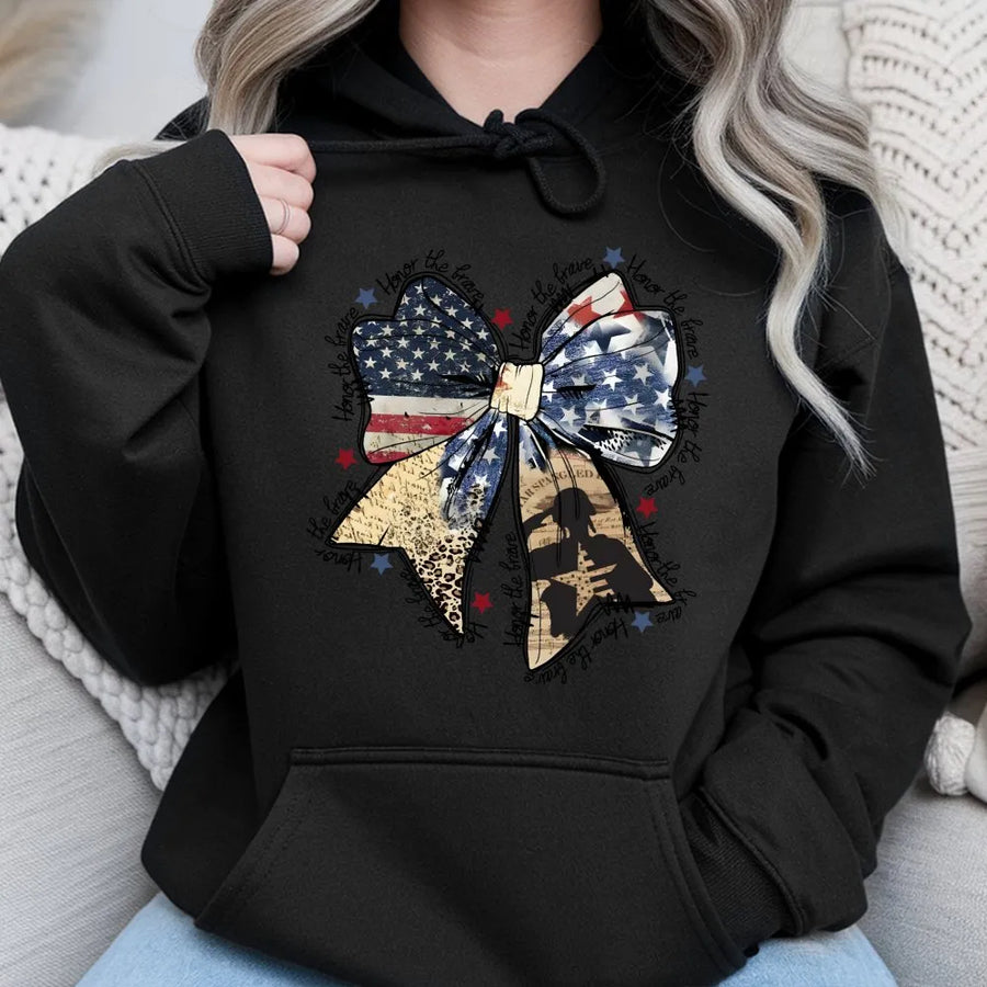 American Flag Coquette Bow Hoodie | Patriotic Distressed Print | Premium Cotton Blend | Gift For Women And Fourth Of July Enthusiasts