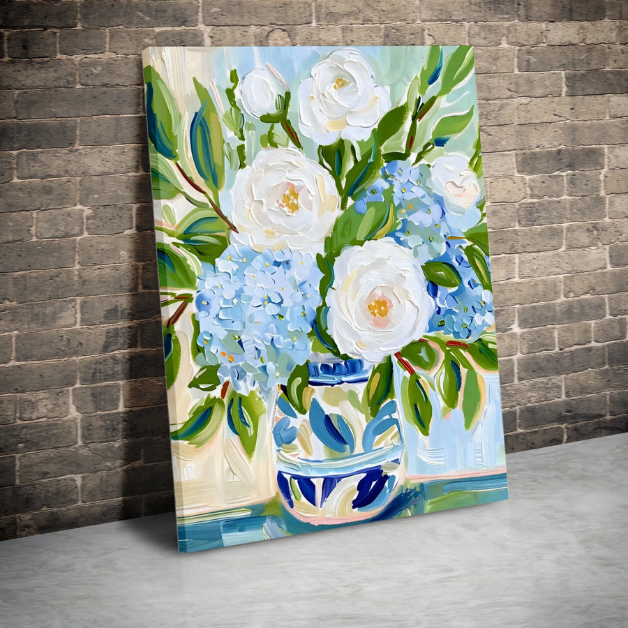 Blue Hydrangea and White Peony Wall Art | Impressionist Floral Bouquet Print | 1.25" Thick Gallery Canvas | Elegant Botanical Home Decor