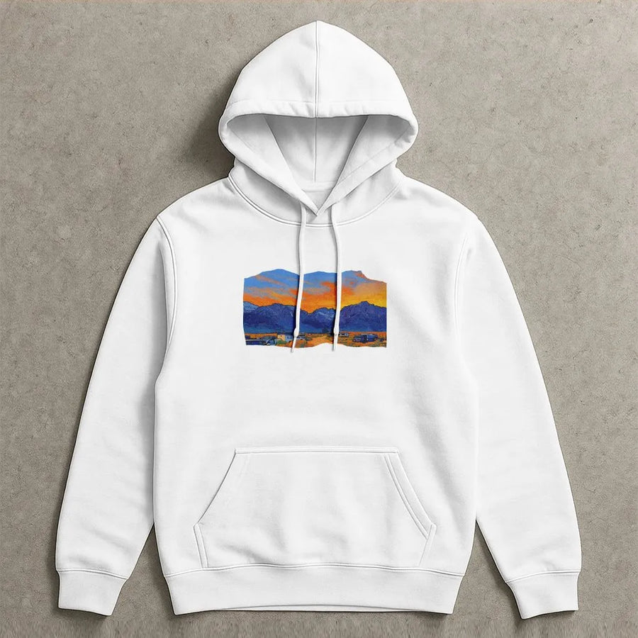 Desert Landscape Hoodie | Artistic Sunset Mountain RV Print | Premium Cotton Blend | Travel Lover Gift for Outdoor Enthusiasts