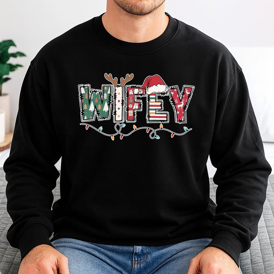 Wifey Christmas Sweatshirt | Festive Holiday Graphic Tee with Santa Hat and Reindeer Antlers | Premium Cotton Blend | Matching Couples Gift
