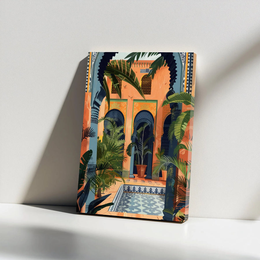 Moroccan Riad Canvas Wall Art | Tropical Courtyard Oasis Illustration | Premium Gallery Wrapped Decor | Bohemian Home Interior Gift