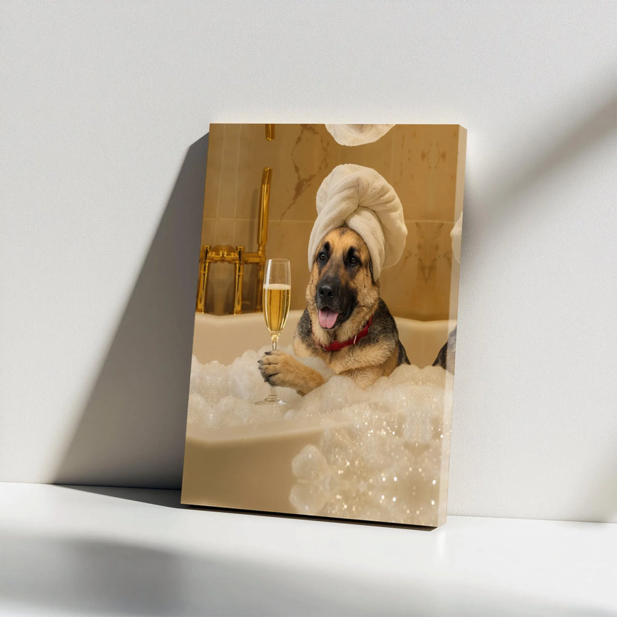German Shepherd Wall Art Canvas Print | Funny Dog in Bubble Bath with Champagne | Premium Gallery Wrap Canvas | Unique Bathroom Decor Gift for Dog Lover