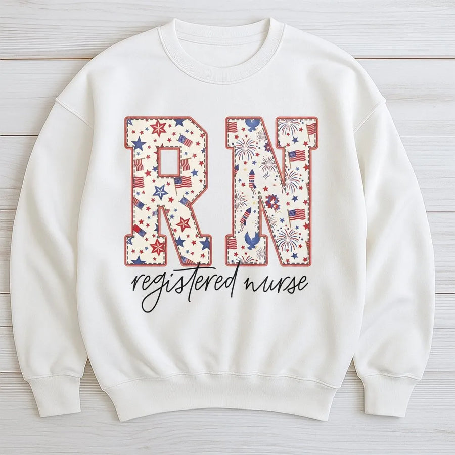 Patriotic RN Sweatshirt | USA Flag Fireworks Graphic Tee | Soft Cotton Shirt | Gift for Registered Nurse