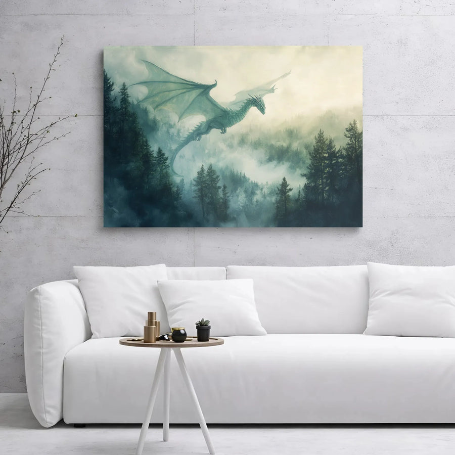 Fantasy Dragon Canvas Wall Art | Misty Pine Forest Landscape | 1.25" Gallery Wrap | Premium Mythical Creature Decor for Bedroom or Living Room