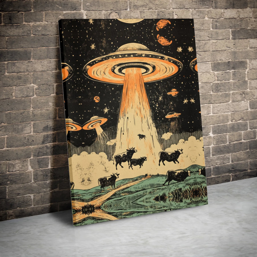 UFO Abducting Cows Canvas Wall Art | Vintage Sci-Fi Space Illustration | Gallery-Quality 1.25" Premium Print | Unique Gift for Alien and Sci-Fi Lovers