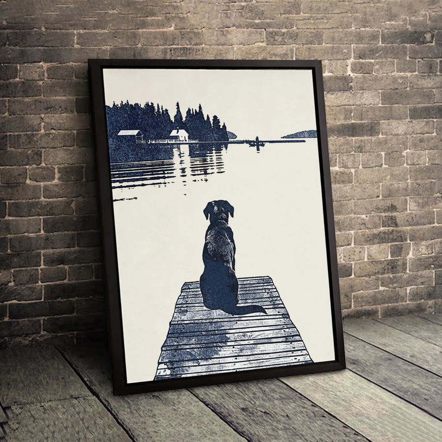 Dog on Dock Lake Wall Art | Minimalist Silhouette Landscape Print | Premium 1.25-inch Gallery Canvas | Peaceful Nature Decor Gift for Dog Lovers