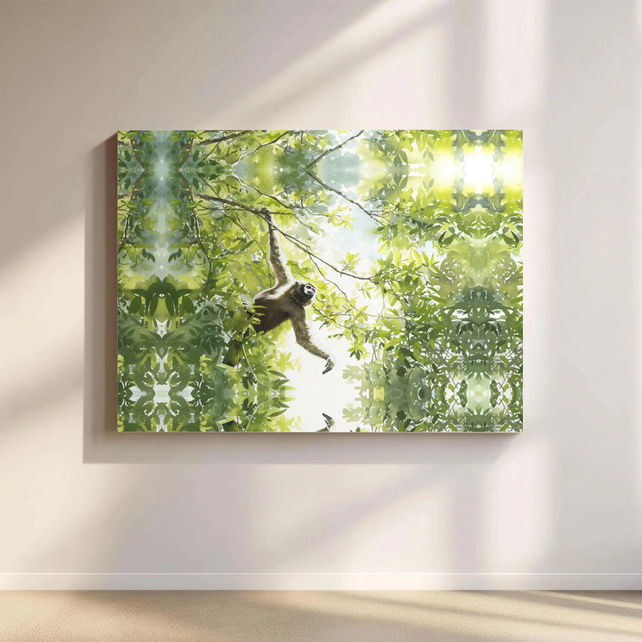 Gibbon Wall Art Canvas | Swinging Monkey in Tropical Jungle Canopy | Gallery Quality Fade-Resistant Print | Wildlife Nature Decor for Home