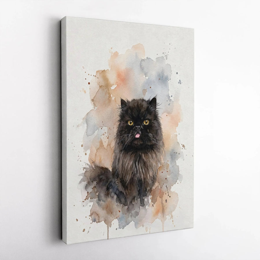 Black Persian Cat Canvas Art | Whimsical Watercolor Blep Portrait | Premium Gallery-Wrapped Print | Unique Pet Lover Gift Decor