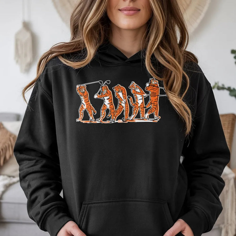 Tiger Golf Swing Hoodie | Funny Animal Sports Graphic | Premium Cotton Blend | Gift For Golfer, Men And Women