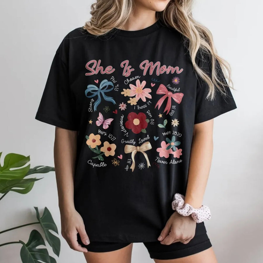 She Is Mom Floral Bible Verse T-Shirt | Boho Christian Mama Aesthetic | 100% Cotton Premium Tee | Faith-Based Mother's Day 2026 Gift for Her