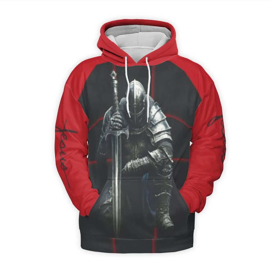 Kneeling Knight Hoodie | I Bow To None Jesus Christ Graphic | Premium Brushed Fleece All-Over Print | Christian Faith Apparel Gift For Men