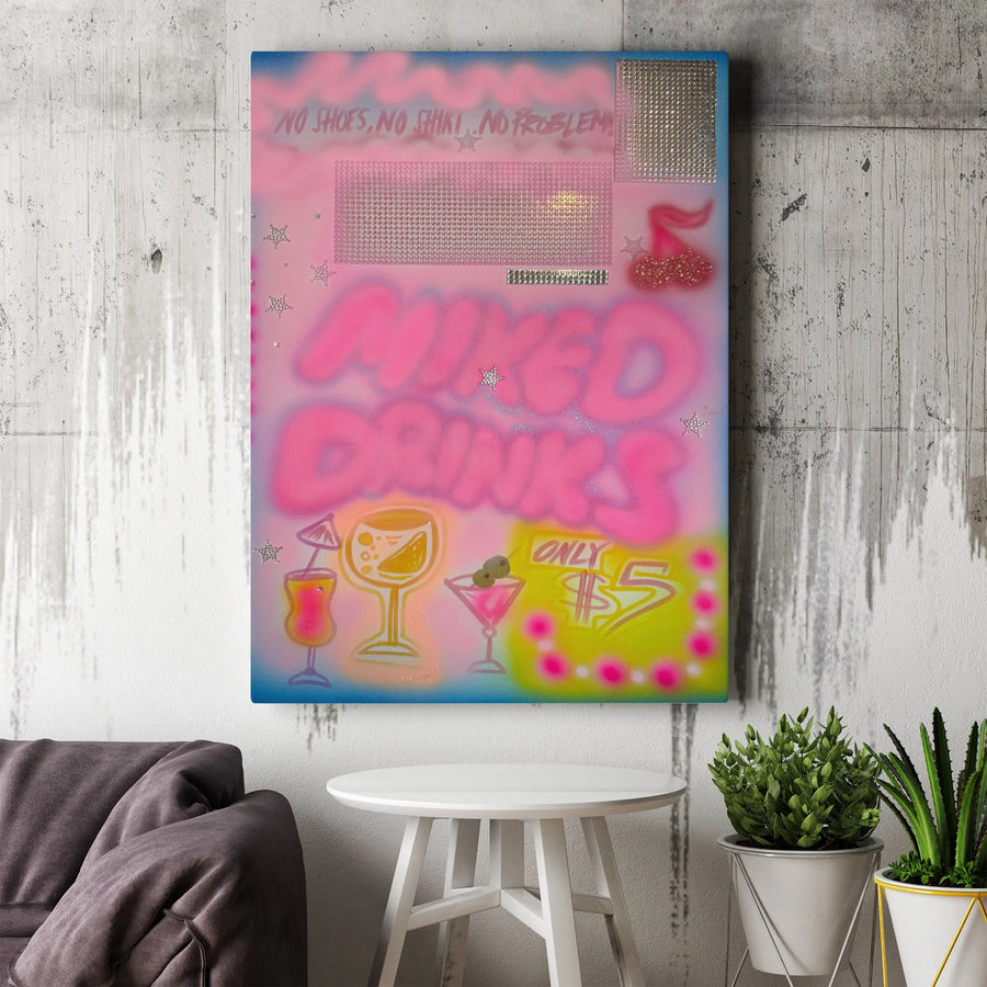 Mixed Drinks Wall Art Canvas | Retro Airbrush Aesthetic Bar Decor | 1.25-Inch Gallery Wrap Premium Print | Fun Kitchen & Home Bar Gift for Drink Lovers