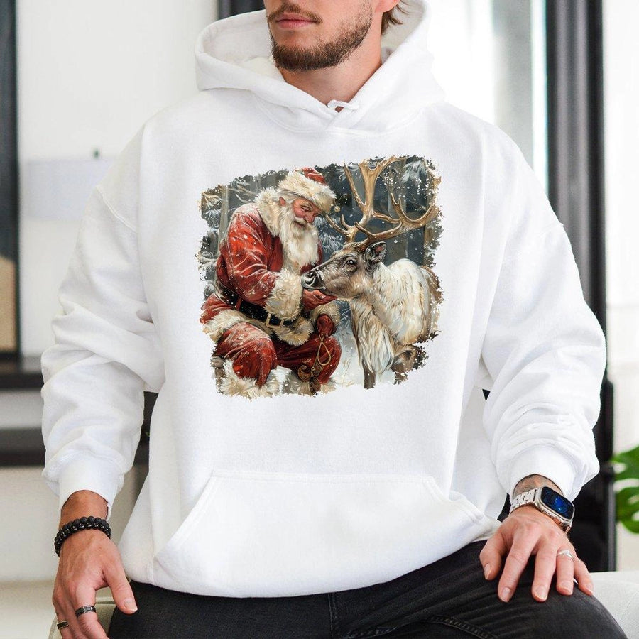 Vintage Santa And Reindeer Hoodie | Cozy Christmas Graphic Sweatshirt | Premium Cotton Blend | Holiday Gift For Winter Lovers