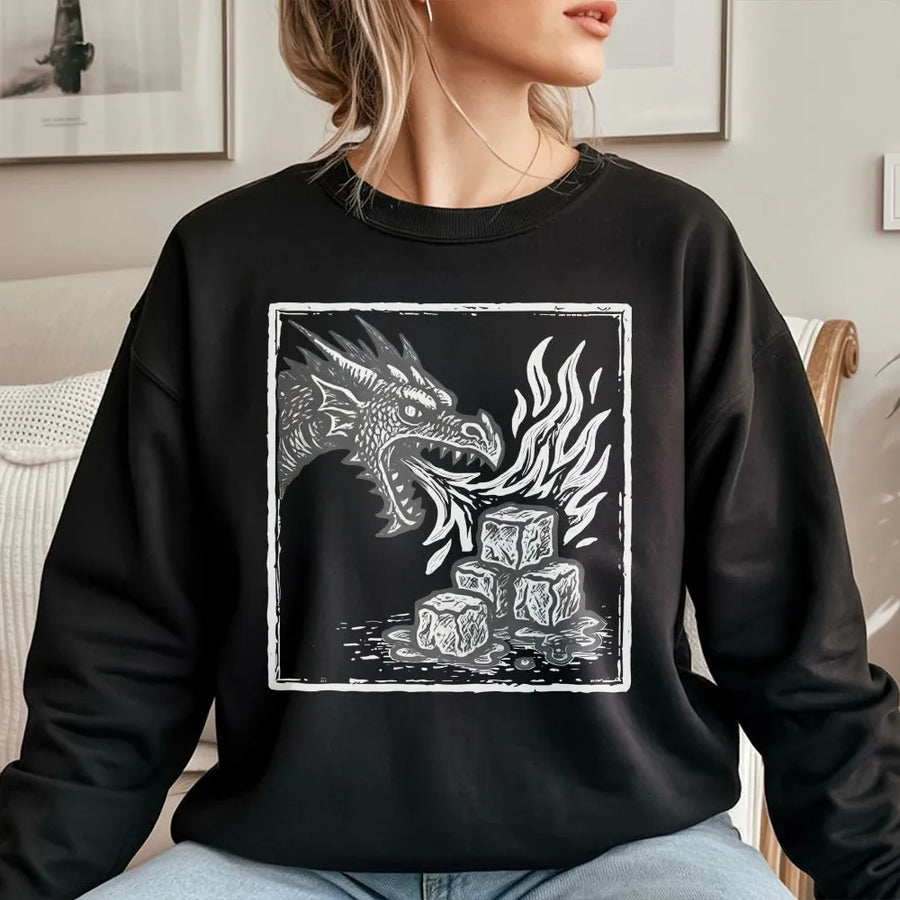 Dragon Melting Ice Graphic Sweatshirt | Fire Breathing Mythical Creature Print | Premium Cotton Blend Unisex Crewneck | Unique Fantasy Art Gift