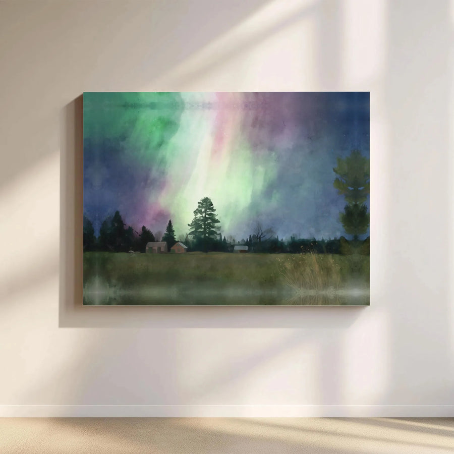 Northern Lights Canvas Wall Art | Watercolor Aurora Borealis Forest Landscape | Gallery Wrapped Premium Print | Nature Home Decor Gift