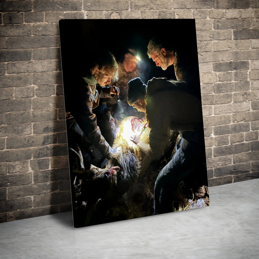 Deer Hunting Canvas Wall Art | Realistic Night Hunt Field Dressing Scene | Premium Gallery Quality Canvas | Collector's Gift for Hunter, Cabin Decor