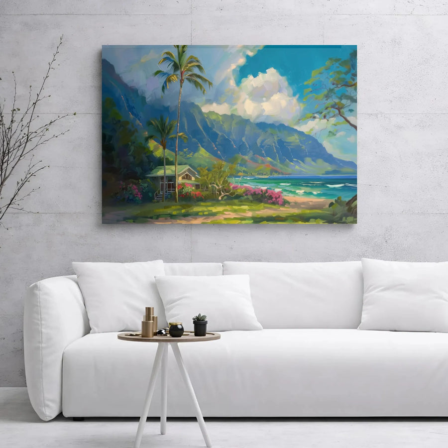 Tropical Beach House Canvas Print | Hawaii Coastal Landscape Art | 1.25 Inch Gallery Wrap Wall Decor | Premium Island Living Gift