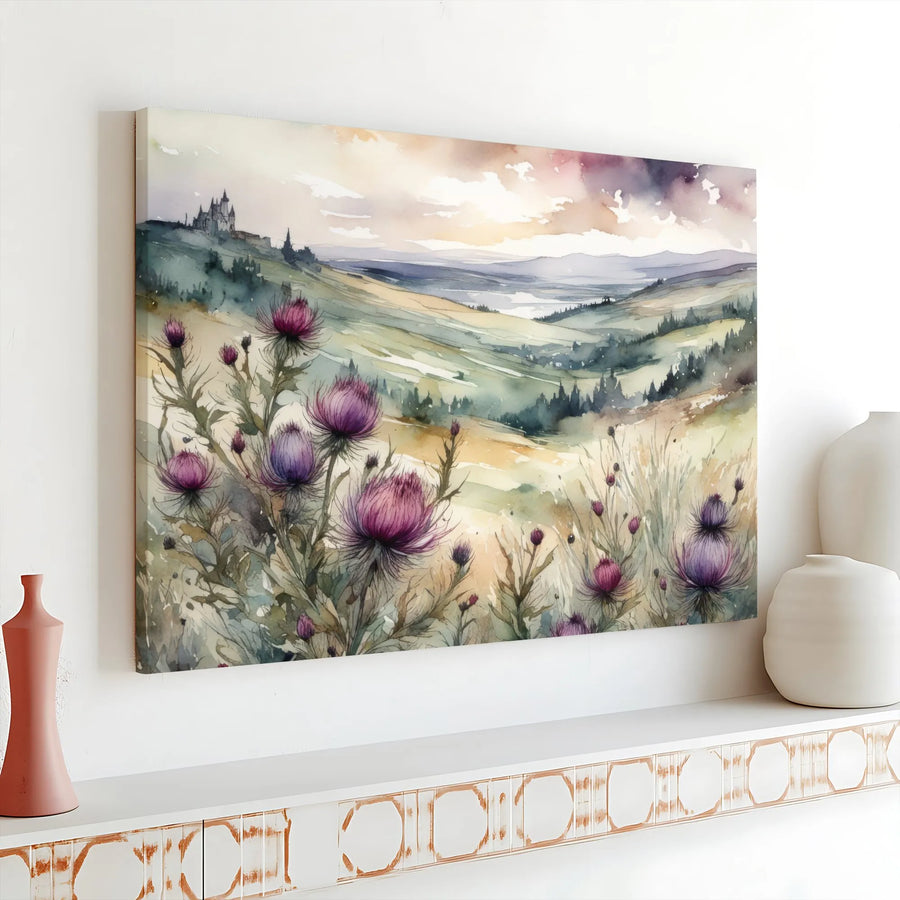 Scottish Highlands Landscape Canvas | Watercolor Thistle & Castle Art | Premium Gallery Wrapped Print | Nature Home Decor Gift