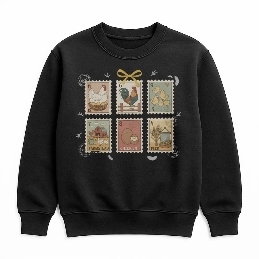 Chicken Stamp Sweatshirt | Vintage Farmstead Postage Stamp Graphic | Premium Soft Cotton Blend | Unique Gift for Chicken Farmer or Bird Lover