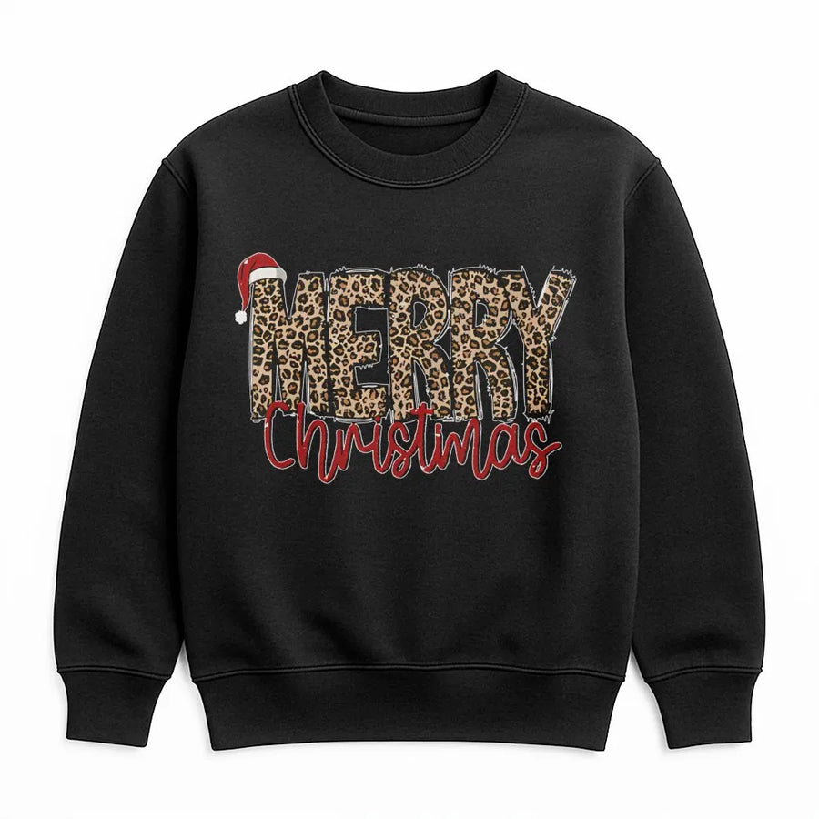 Merry Christmas Sweatshirt | Leopard Print Design with Santa Hat | Soft Cotton Blend Unisex Pullover | Festive Holiday Gift for Her & Him