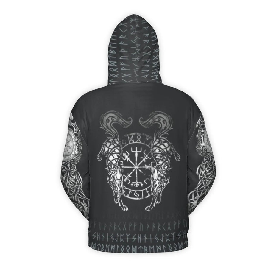 Viking Odin Hoodie | Norse Mythology Vegvisir Compass & Wolves Print | Premium Brushed Fleece Pullover | Unisex Gift for Mythology Fans