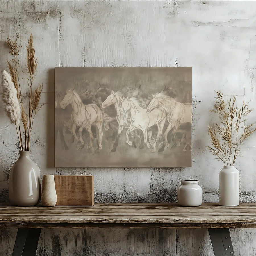 Running Horses Canvas Wall Art | Monochrome Sketch Herd Print | Premium Gallery Wrapped Decor | Modern Farmhouse Living Room Gift